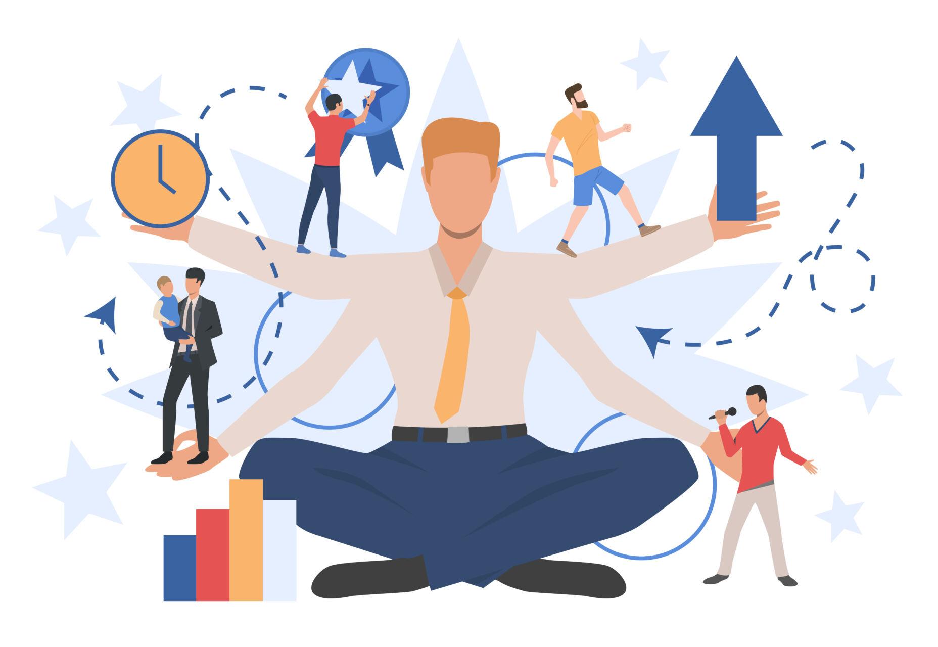Businessman character showing different social roles. Work, family, leisure. Can be used for topics like activity, lifestyle, multitasking. Designed by katemangostar / Freepik
