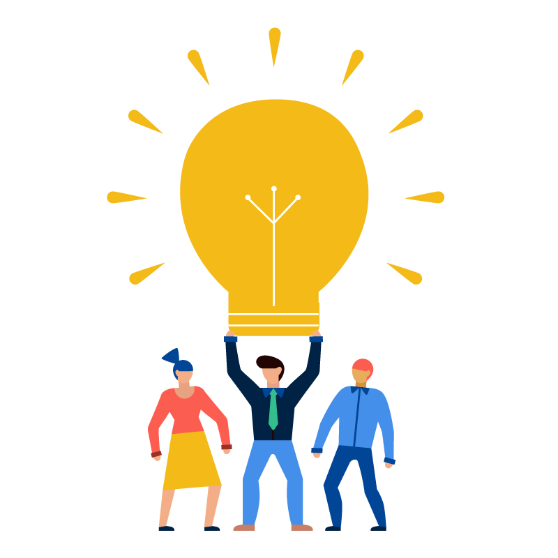 innovation_team Drei Personen die eine große Glühbirne hochalten, Innovation, Designed by macrovector / Freepik